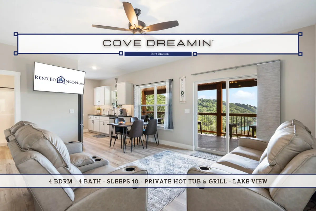 This image showcases the open-concept living area, including comfortable seating, a dining space, visible kitchen amenities, a large television, and expansive windows with lake views. The layout invites groups to relax, dine, and enjoy the scenery together, perfectly embodying the heart of social gatherings described in the section.